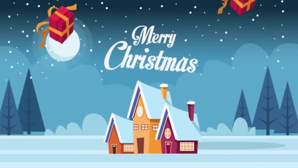 雪景色の家と幸せなメリークリスマスのレタリングカード — ストック動画