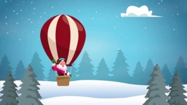 Mutlu noel kartları ve balonda Noel Baba, kar manzarasında sıcak.