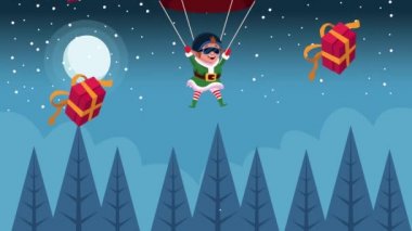 Mutlu noel kartları paraşütlü elfler ve hediyeler