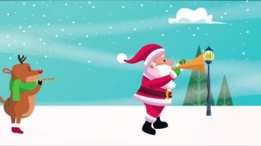 Mutlu noel kartları. Geyik flüt ve Noel Baba çalıyor.