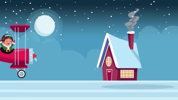 Veselé Vánoce přání s elfem v letadle a domě — Stock video