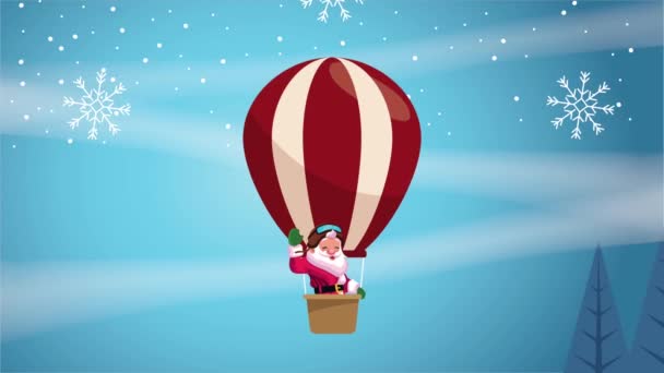 Feliz tarjeta de navidad feliz con santa claus en globo aire caliente — Vídeo de stock