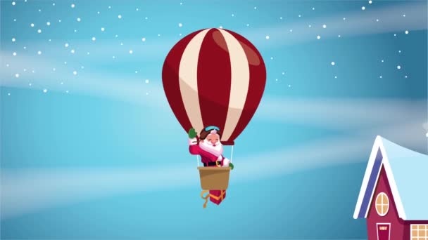 Happy merry christmas card with house and santa in balloon air hot — Stock Video