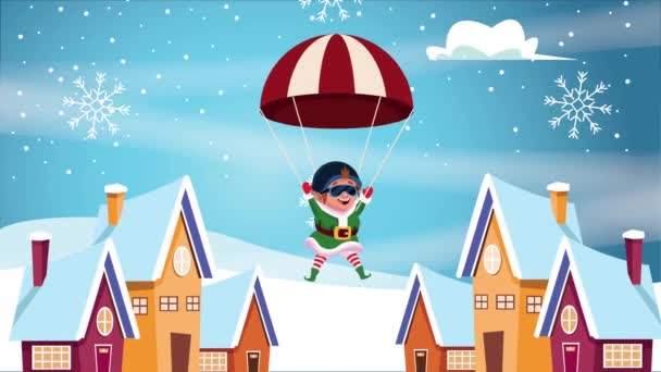 Happy merry kartu natal dengan elf dalam parasut dan hauses — Stok Video