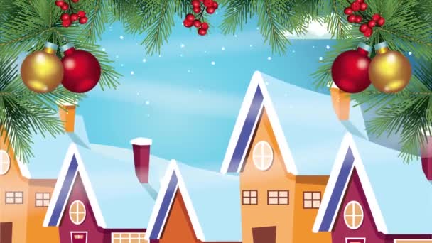 Χαρούμενη χριστουγεννιάτικη κάρτα με τα σπίτια στη σκηνή snowscape — Αρχείο Βίντεο