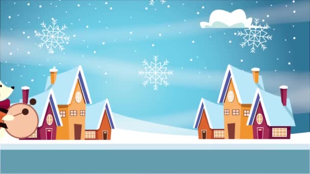 Feliz tarjeta de Navidad feliz con casas en escena de paisaje de nieve — Vídeos de Stock