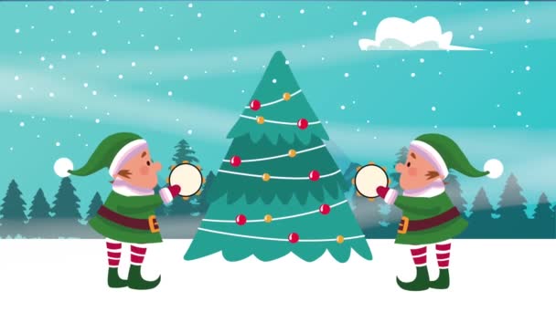 Gledelig julekort med nisser og tre i snølandskap – stockvideo