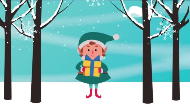 Feliz cartão de Natal alegre com elfo presente de elevação — Vídeo de Stock