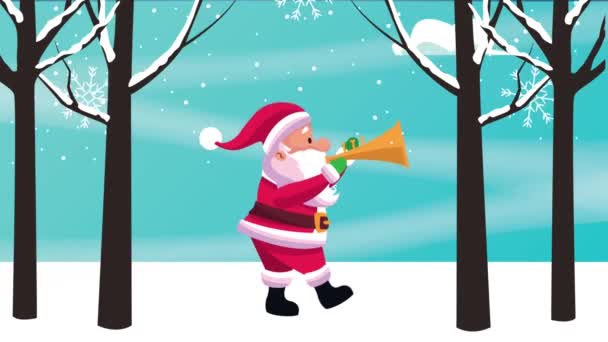 サンタがトランペットを吹いて幸せなメリークリスマスカード — ストック動画