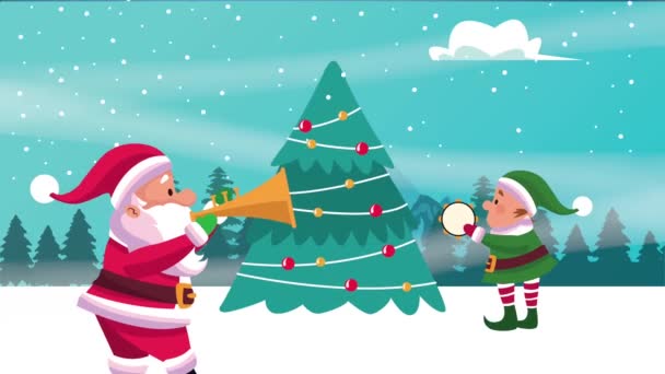 Χαρούμενη χριστουγεννιάτικη κάρτα με τον Άγιο Βασίλη να παίζει τρομπέτα και ντέφι ξωτικού — Αρχείο Βίντεο