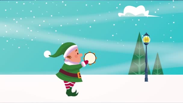 Heureux joyeux Noël carte avec elfe jouer tambourin — Video