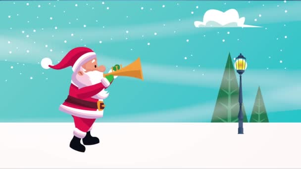 Feliz feliz tarjeta de navidad con santa tocando la escena de la trompeta — Vídeo de stock