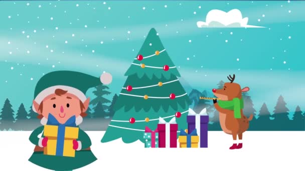 Feliz tarjeta de navidad feliz con ciervos tocando flauta y elfo — Vídeo de stock