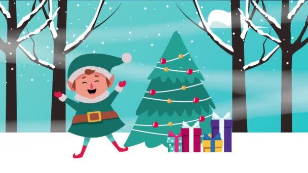 Χαρούμενη χριστουγεννιάτικη κάρτα με ξωτικό και πεύκο — Αρχείο Βίντεο