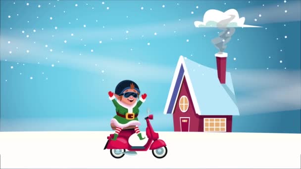 骑摩托车带小精灵的快乐圣诞贺卡 — 图库视频影像