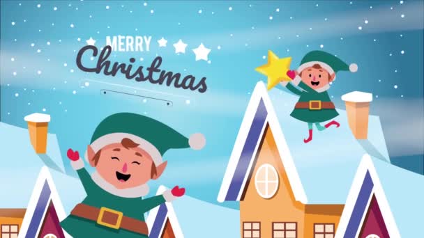 Feliz tarjeta de navidad feliz con personajes elfos — Vídeo de stock