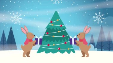 Mutlu noel kartları Tavşanlar ve çam ağaçları