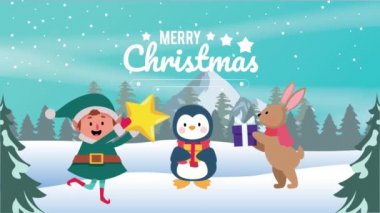 Mutlu noel kartları elf ve penguenlerle