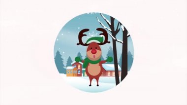 Kar yağan ren geyikleriyle mutlu noel kartları