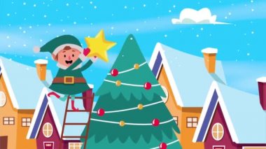Çam ağacında elfle mutlu noel kartları