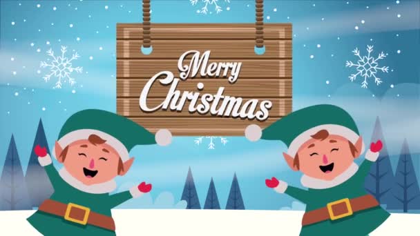 Feliz tarjeta de Navidad feliz con caracteres elfos y etiqueta de madera — Vídeo de stock