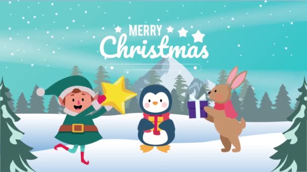 Feliz feliz tarjeta de Navidad con elfo y pingüino — Vídeos de Stock