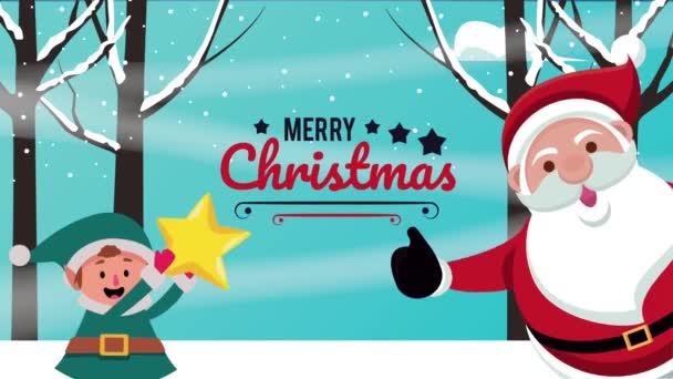 Happy merry christmas card with santa claus and elf — Stock Video