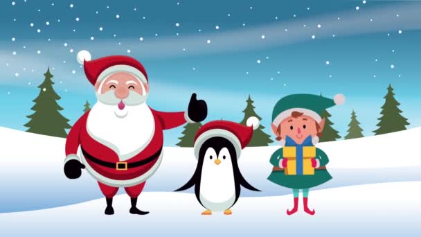 Feliz cartão de Natal alegre com Papai Noel e pinguim — Vídeo de Stock