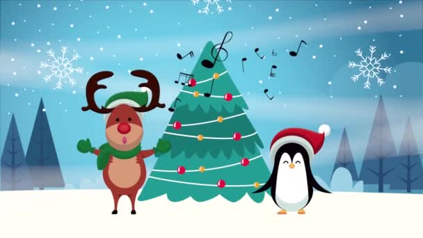 Feliz feliz tarjeta de Navidad con renos y pingüinos — Vídeo de stock