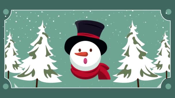 Feliz tarjeta de navidad feliz con cabeza de muñeco de nieve — Vídeo de stock