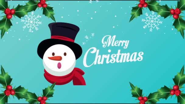 Feliz feliz tarjeta de letras de Navidad con cabeza de muñeco de nieve — Vídeos de Stock