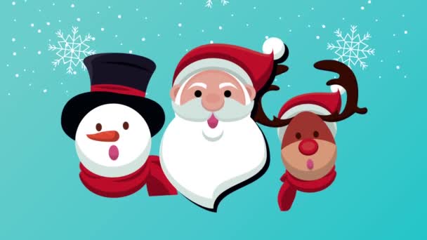 Feliz tarjeta de Navidad feliz con santa y muñeco de nieve — Vídeo de stock
