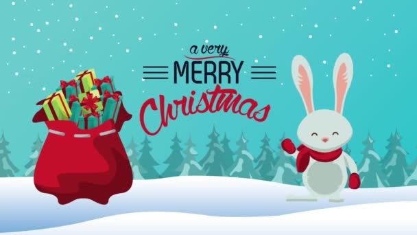 Happy merry christmas lettering card with rabbit and gifts bag — Stock Video