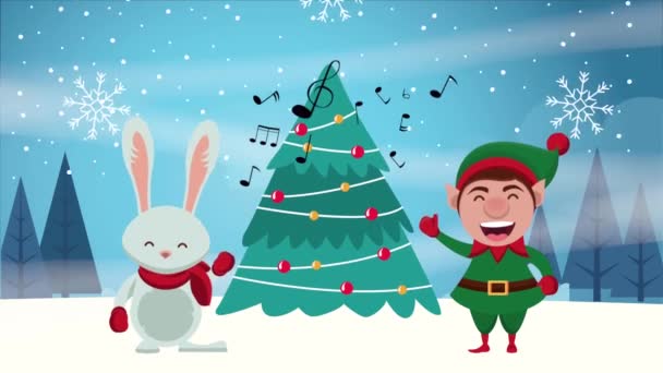 Joyeuse carte de Noël avec elfe et lapin — Video