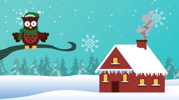 Счастливая рождественская открытка с совой птицей и домом — стоковое видео