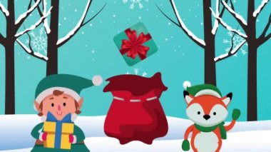 Tilki ve elfle mutlu noel kartları
