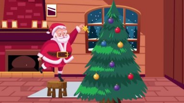 Noel Baba ve çam ağacının olduğu mutlu noel kartları.