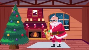 Noel Baba ve çam ağacının olduğu mutlu noel kartları.