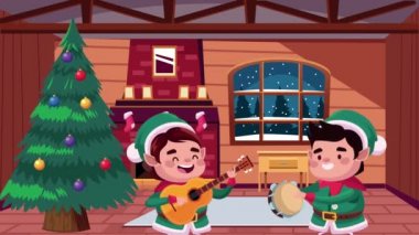 Mutlu noel kartları ve evde enstrüman çalan elfler.