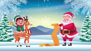 Noel Baba 'nın hediye listesini ve geyik cinini okuduğu mutlu noel kartları.