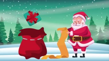 Mutlu noel kartları ve Noel Baba 'nın kar manzarasında hediye listesi okuması.