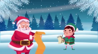 Noel Baba ve karlı elf ile mutlu noel kartları.