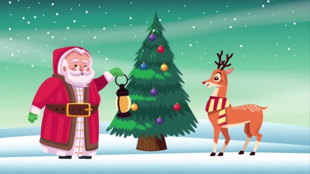 Happy merry christmas card with santa claus and deer with pine tree — Stock  Video © jemastock #429784874