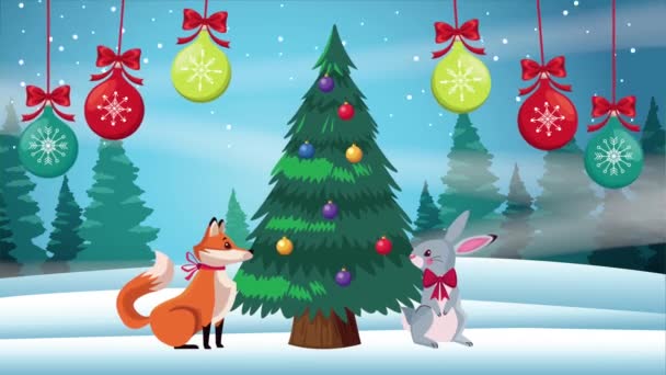 Feliz tarjeta de navidad feliz con zorro y conejo en pino — Vídeos de Stock