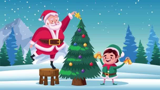 Vrolijke kerstkaart met kerstman en elf versieren dennenboom — Stockvideo