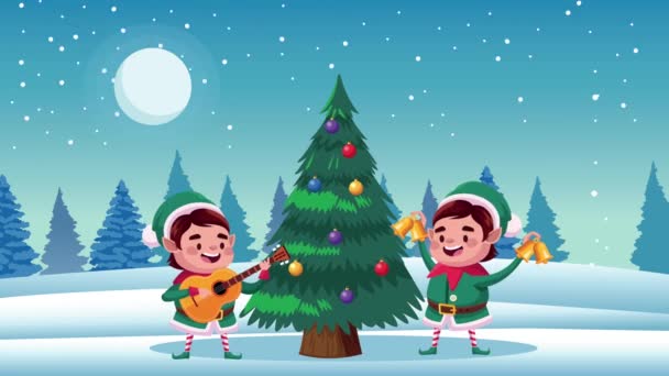 有精灵和松树的快乐圣诞贺卡 — 图库视频影像
