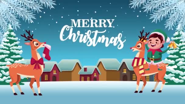 Frohe Weihnachten Briefkarte mit Hirschen und Elfen — Stockvideo