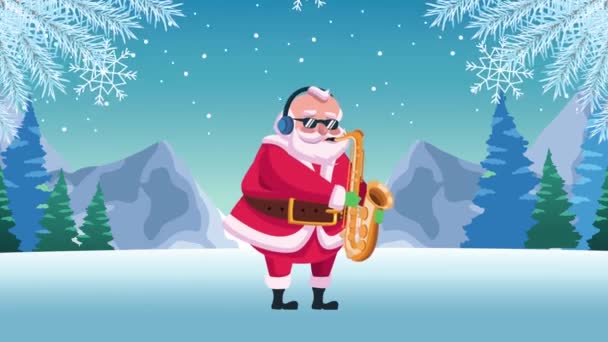 Happy merry christmas card with santa claus playing saxophone — Stock Video