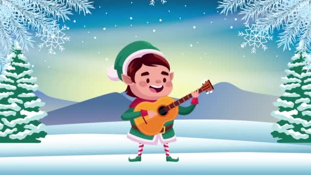 Feliz tarjeta de navidad feliz con elfo tocando la guitarra — Vídeos de Stock