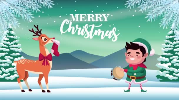 Feliz feliz feliz tarjeta de Navidad con elfo y ciervo — Vídeos de Stock